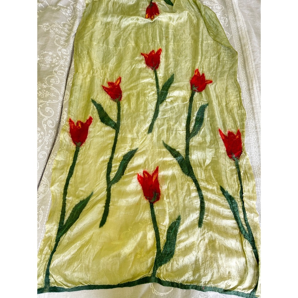 Nuno‎ Felted Silk Scarf WomensFelted Silk Wool Lime Tulip Floral Art Long